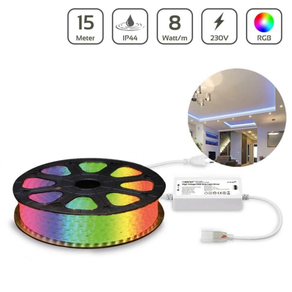 230 Volt RGB LED Streifen 15 Meter | IP44 | 8 Watt/m | 60LED/m | 14mm