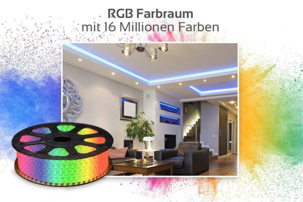 230 Volt RGB LED Streifen 15 Meter | IP44 | 8 Watt/m | 60LED/m | 14mm