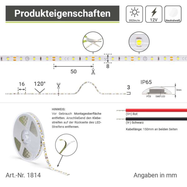 Einfarbiger LED Streifen neutralweiß 4000 Kelvin | SMD3528 | DC12 Volt 4,8Watt/m | 60 LED/m | 5 Meter