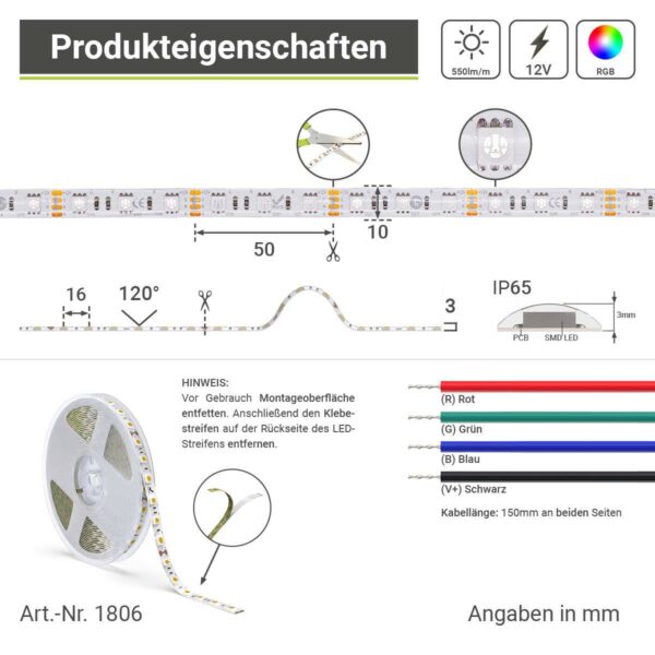 RGB 12 Volt LED Streifen 5 Meter 14,4 Watt/m 60 LED/m 10mm breit IP65