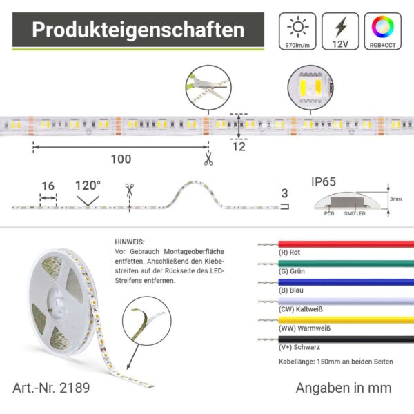 RGB+CCT LED Streifen 12 Volt | IP 65 Schutzart für Außenanwendungen