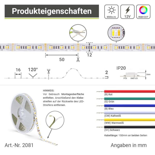 RGB+CCT LED Streifen 2400 - 6500 Kelvin IP20 5 Meter 12 Volt