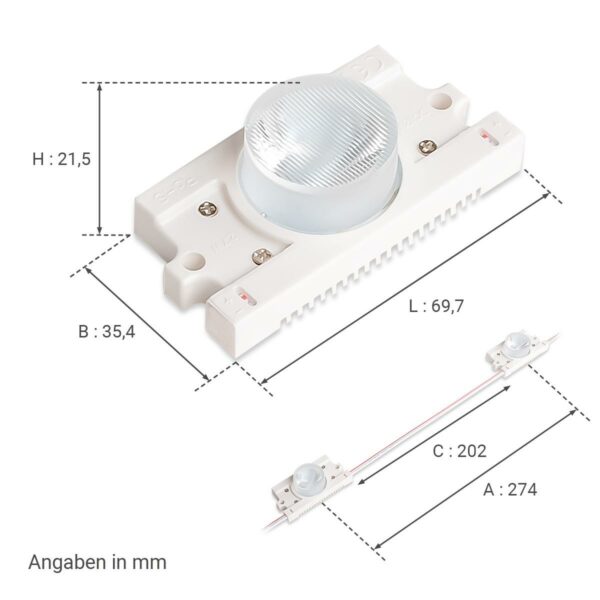 12 Volt LED Modul 6500 Kelvin tageslichtweiß für Kanteneinstrahlung, 2,7 Watt 20° | 70°