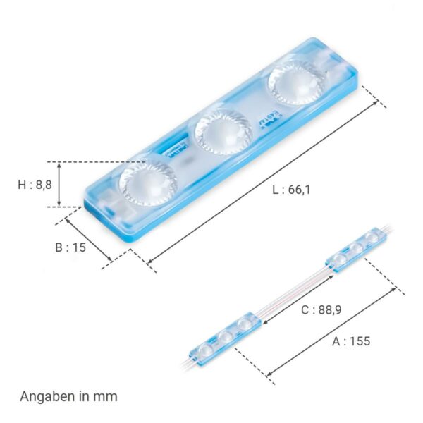 Dimmbares 12 Volt LED Modul blau 1,5 Watt 170° IP65