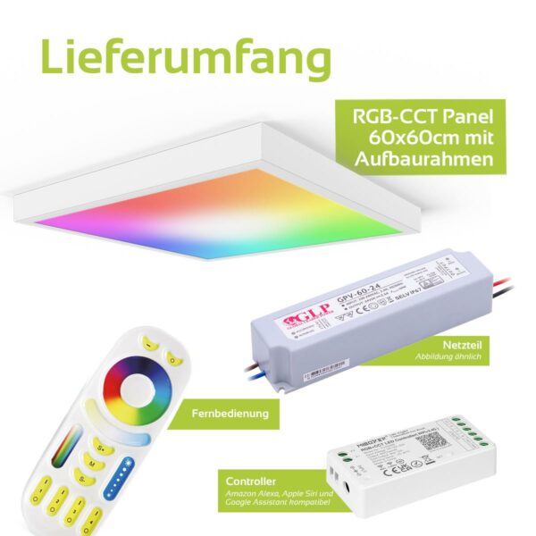 24 Volt RGB+CCT LED Panel Set 60×60 cm in weiß mit Aufbaurahmen in weiß