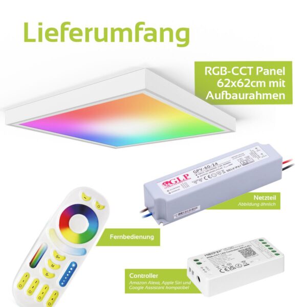 24 Volt RGB+CCT LED Panel Set 62×62 cm mit Aufbaurahmen in weiß