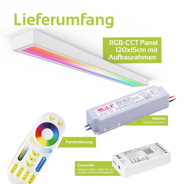 24 Volt RGB+CCT Panel 120x15cm mit Aufbaurahmen in weiß