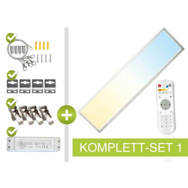 CCT LED Panel Set S | 120x30cm 36W 3000K-6000K silber | mit Netzteil Fernbedienung und Seilaufhängung