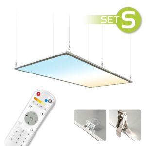 CCT LED Panel Set S | 120x60cm 60W 3000K-6000K in silber mit Netzteil Fernbedienung und Seilabhängung