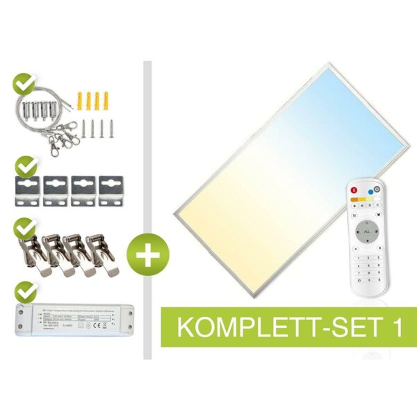 CCT LED Panel Set S | 120x60cm 60W 3000K-6000K in silber mit Netzteil Fernbedienung und Seilabhängung