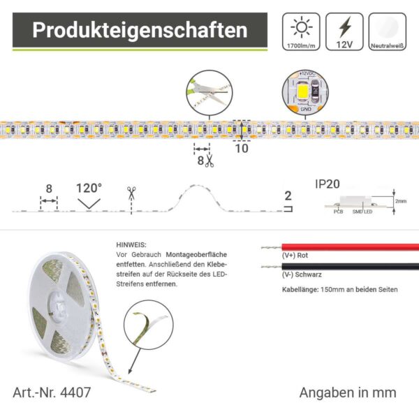 12 Volt LED Streifen Neutralweiß Single Cut 5 Meter 17,7 Watt/m 120 LED/m IP20 4000 Kelvin