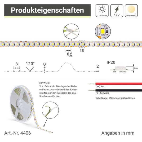 12 Volt LED Streifen Single Cut Warmweiß 5M 17,7W/m 120LED/m IP20 3000 Kelvin