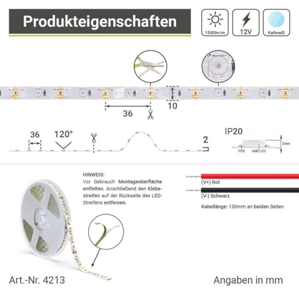 12 Volt LED Streifen kaltweiss mit Linse 5 Meter 18W/m 28LED/m 10mm IP20 6000K