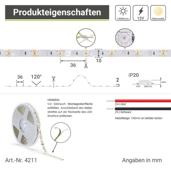 12 Volt LED Streifen warmweiss mit Linse 5 Meter 18W/m 28LED/m 10mm IP20 3000 Kelvin