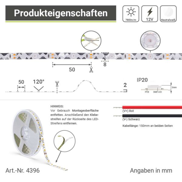 12V Zick Zack LED Streifen neutralweiß 5M 9W/m 20LED/m 8mm IP20 4000 Kelvin