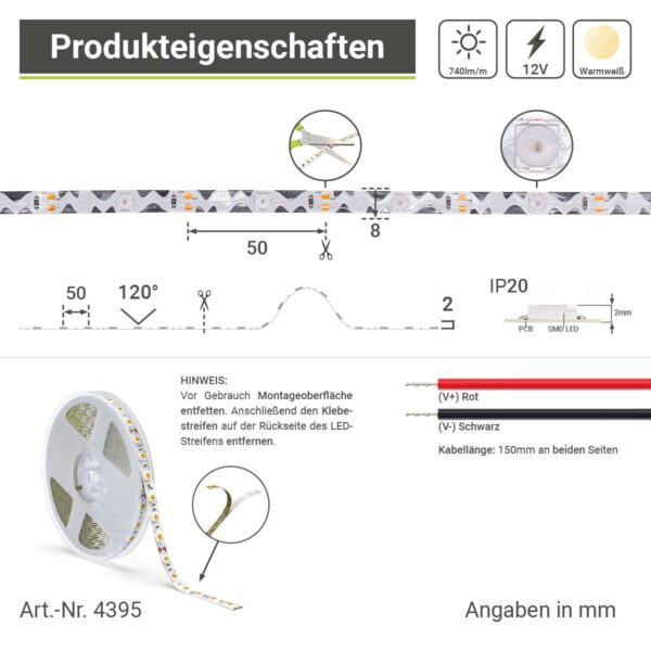 12V ZickZack LED Streifen warmweiß 5M 9W/m 20LED/m 8mm IP20 3000 Kelvin