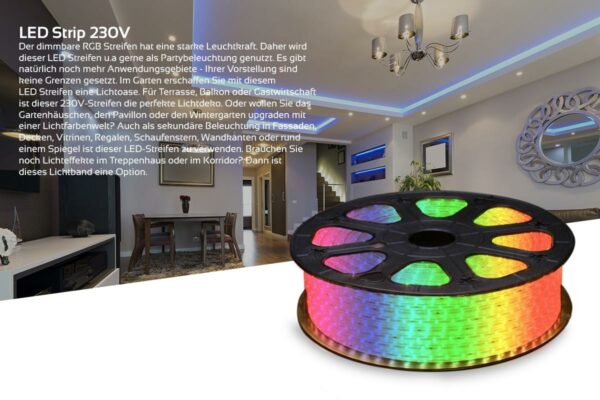 230 Volt RGB LED Streifen 25 Meter | IP44 | 8 Watt/m | 60LED/m | 14mm