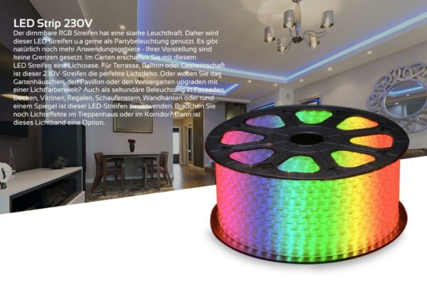 230 Volt RGB LED Streifen 50 Meter | IP44 | 8 Watt/m | 60LED/m | 14mm