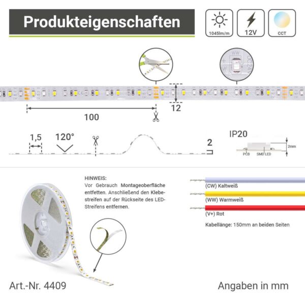 24 Volt CCT LED Streifen einstellbare Lichtfarbe 5 Meter 18W/m 120LED/m 12mm IP20 2500 - 6000 Kelvin