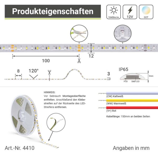 24 Volt CCT LED Streifen einstellbare Lichtfarbe 5 Meter 18W/m 120LED/m 12mm IP65 2500 - 6000 Kelvin