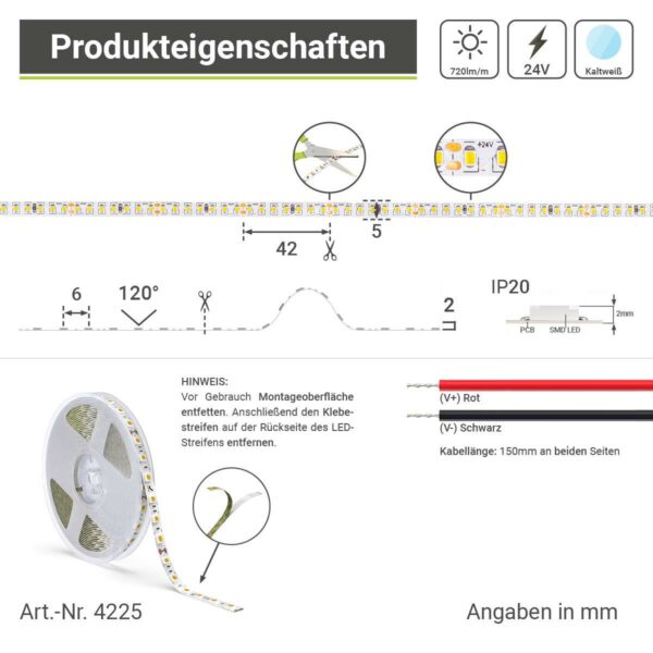 24 Volt LED Streifen kaltweiss 5 Meter 8W/m 224LED/m 5mm IP20 6000 Kelvin