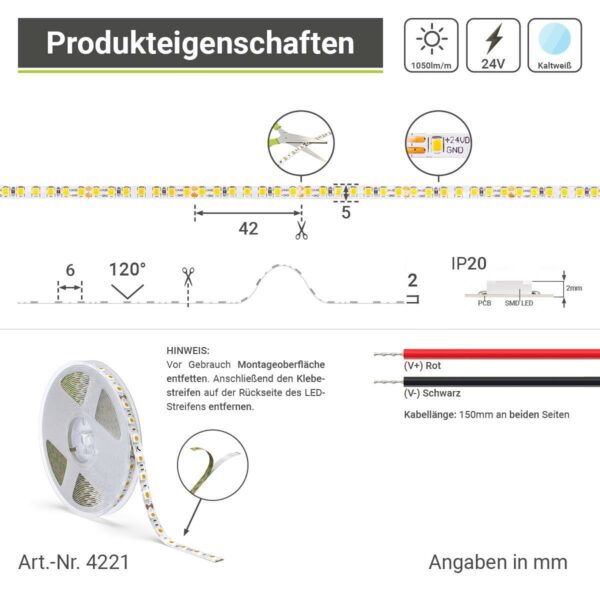 24 Volt LED Streifen kaltweiß 6000 Kelvin 10 Watt 5mm breit