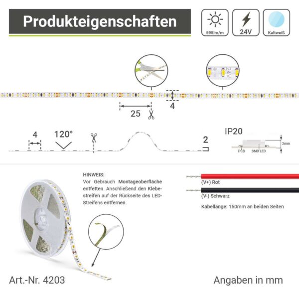 24 Volt LED Streifen kaltweiss 6000 Kelvin 5 Meter CRI90 7,2W/m 240LED/m 4mm IP20