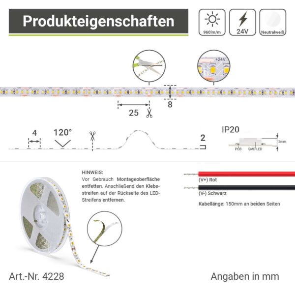 24 Volt LED Streifen neutralweiß 4000 Kelvin 12 Watt 8mm breit CRI90 5 Meter 14W/m 240LED/m IP20