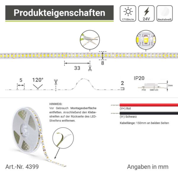 24 Volt LED Streifen neutralweiss 4000 Kelvin 210 LED/m 5 Meter 15W/m 210LED/m 8mm IP20