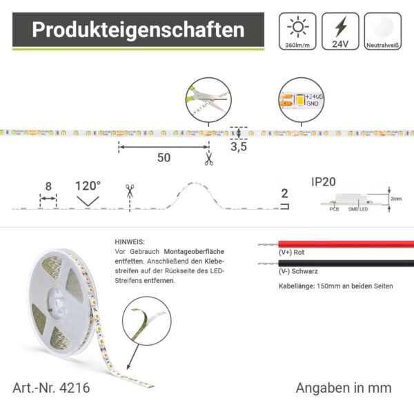 24 Volt LED Streifen neutralweiß 4000 Kelvin 5 Meter 3,5mm breit CRI90 4W/m 140LED/m IP20