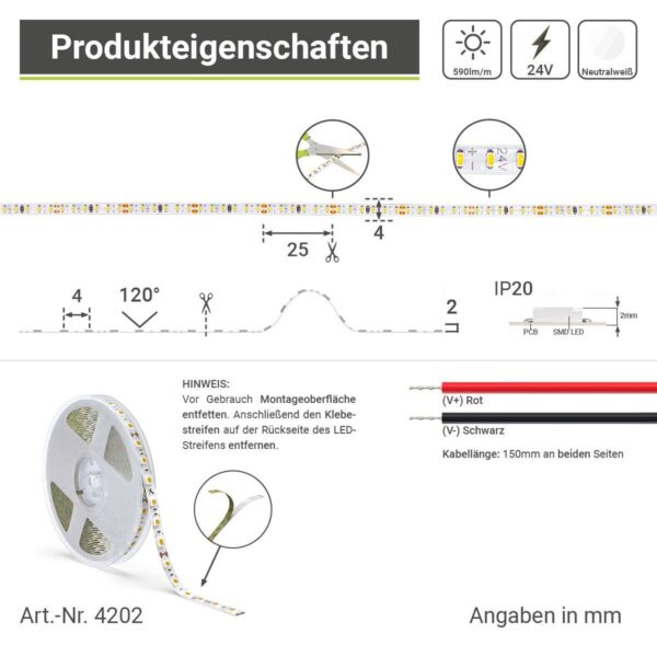 24 Volt LED Streifen neutralweiss 4000 Kelvin 5 Meter CRI90 7,2W/m 240LED/m 4mm IP20