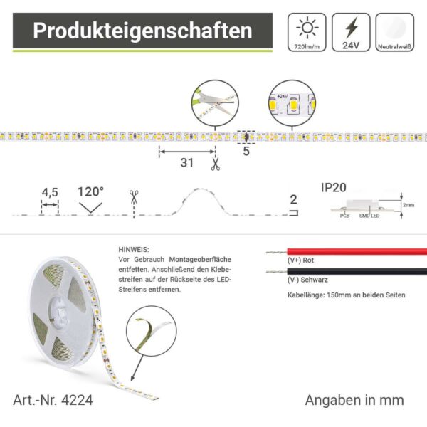 24 Volt LED Streifen neutralweiß 4000 Kelvin 8 Watt 5mm breit 224LED/m IP20