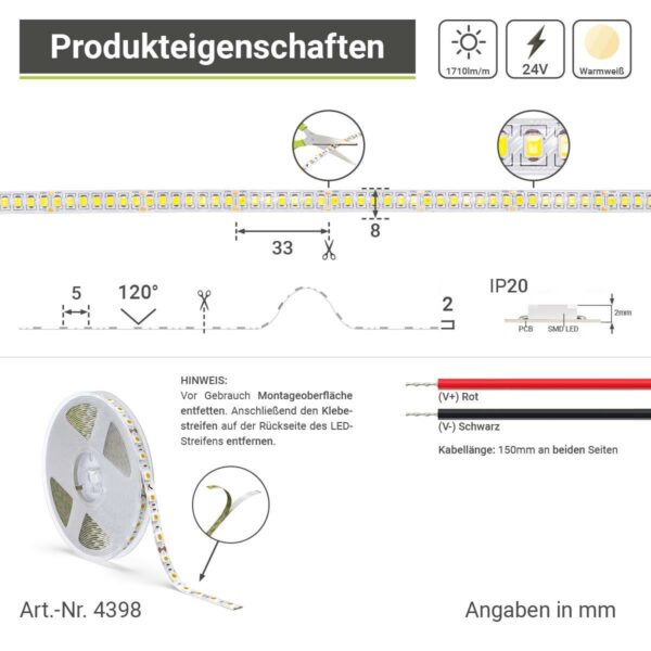 24 Volt LED Streifen warmweiss 3000 Kelvin 210 LED/m