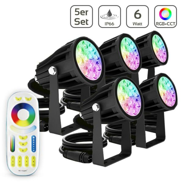 5er Set MiBoxer FUTC08 Runder RGB + CCT LED Gartenstrahler 6 Watt WiFi 24 Volt