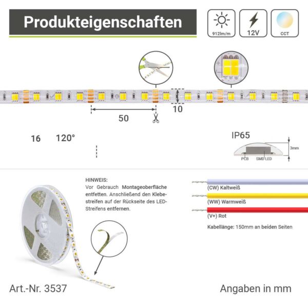 CCT LED Streifen 12 Volt Schutzart IP 65 für Außenanwendungen