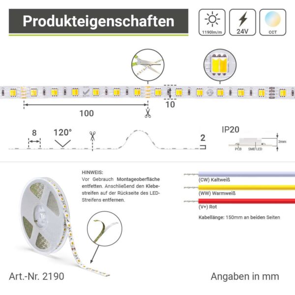 CCT LED Streifen 24 Volt dualweiß 14,4 Watt IP20 1190 Lumen 10 mm