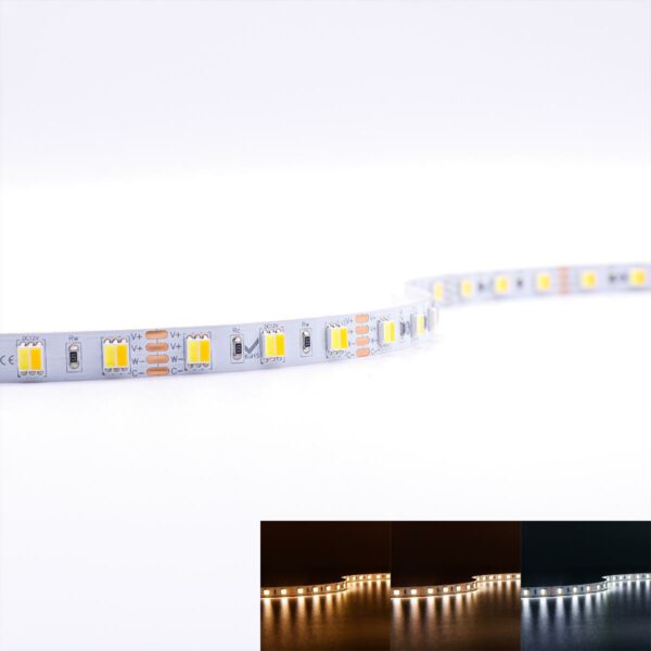 CCT LED Streifen Lichtfarbe einstellbar 12 Volt Dual Weiß 5 Meter 14,4W/m 60LED/m 10mm IP20 Schutzart für Innenanwendungen