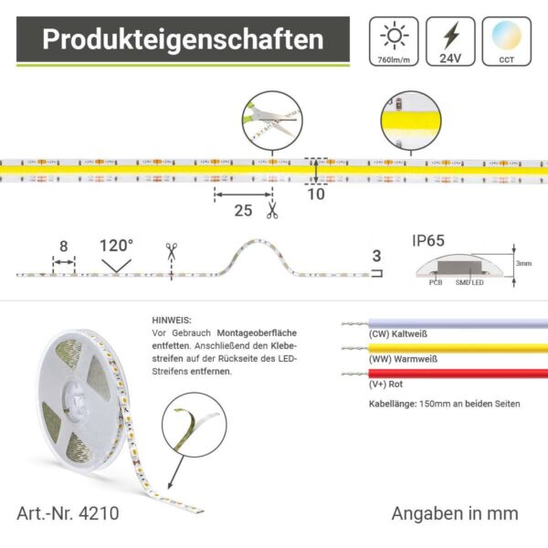 COB LED Streifen CCT 24 Volt dualweiß IP65 640LED/m 5 Meter 8W/m 10mm breit Lichtfarbe einstellbar Warm-Kaltweiß 2700-6500K