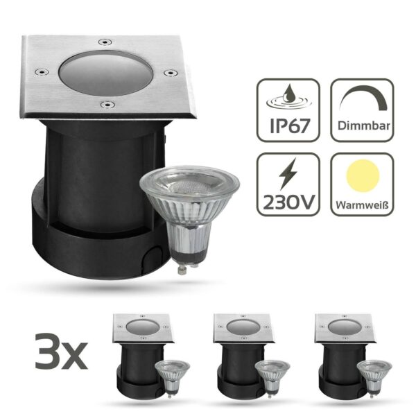 Dimmbarer LED Bodeneinbaustrahler eckig Set Gartenstrahler 230 Volt IP67 GU10 5 Watt 2700 Kelvin 3 Stück