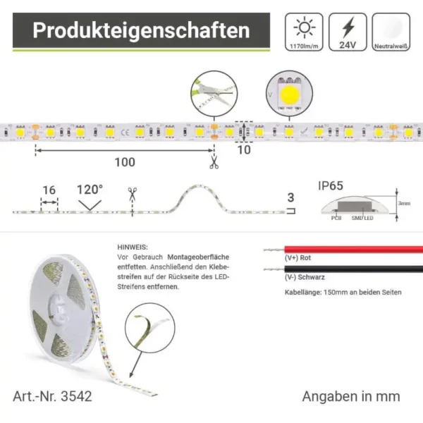 LED Streifen tageslichtweiß IP 65 Schutzart für Außenanwendungen 24 Volt