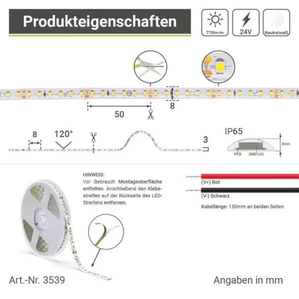 Einfarbiger LED Streifen neutralweiss 4000 Kelvin 5 Meter IP65 9,6 Watt