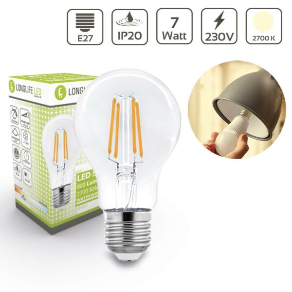 Filament LED Lampe Birnenform E27 7 Watt A60 2700 Kelvin warmweiß