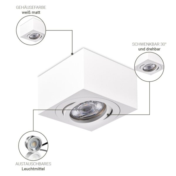 Flacher Aufbaustrahler weiß eckig schwenkbar 5 Watt Neutralweiß 230 Volt dimmbar 38°