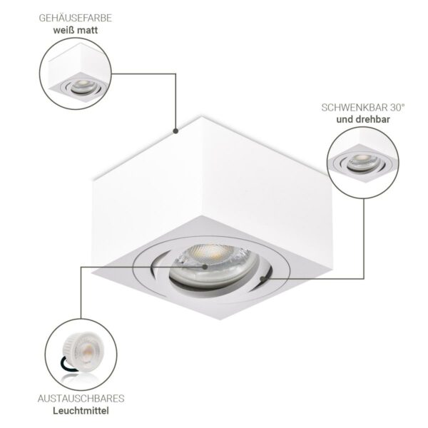 Flacher Aufbaustrahler weiß eckig schwenkbar 5 Watt Neutralweiß 230V 60°