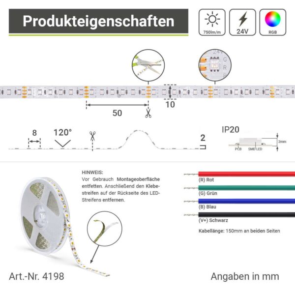 HighLumen RGB 24 Volt LED Streifen 5 Meter 18W/m 120LED/m 10mm breit Schutzart IP20