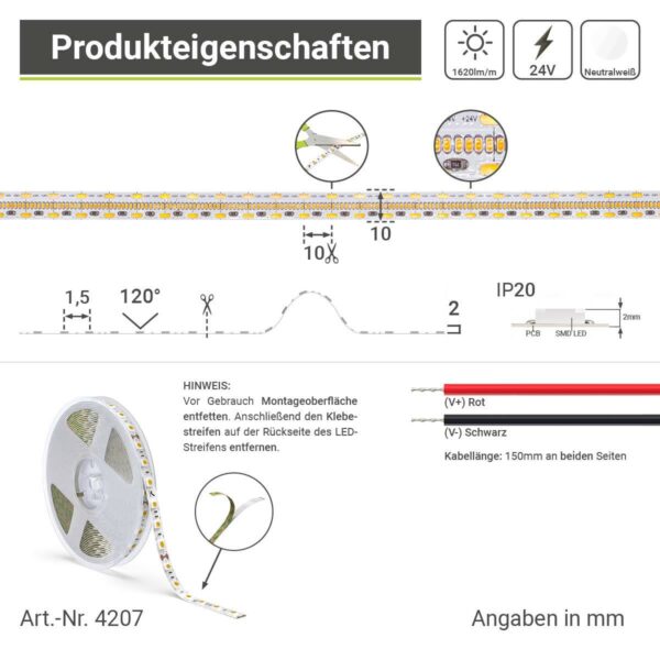 Hochleistungs LED Streifen neutralweiss 4000 Kelvin 24 Volt CRI90 5 Meter 18W/m 700LED/m 10mm IP20