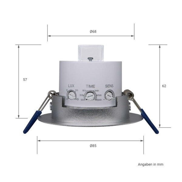 Infrarot Decken Unterputz Bewegungsmelder Ø68mm Reichweite 8m bei 360° schwenkbar Aluminium