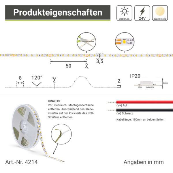 LED Band extra schmal für indirekte Beleuchtung Warmweiß 2700 Kelvin 24 Volt CRI90 4W/m 140LED/m 3,5mm IP20