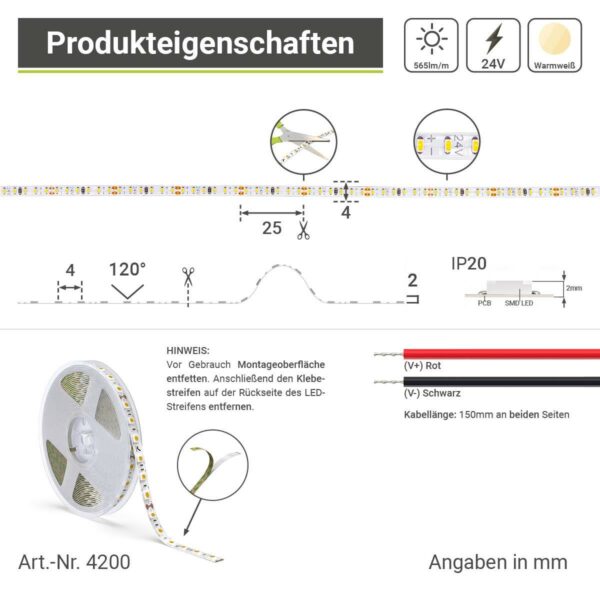 LED Band extra schmal für indirekte Beleuchtung Warmweiß 2700 Kelvin 24 Volt CRI90 4W/m 240LED/m 4 mm IP20