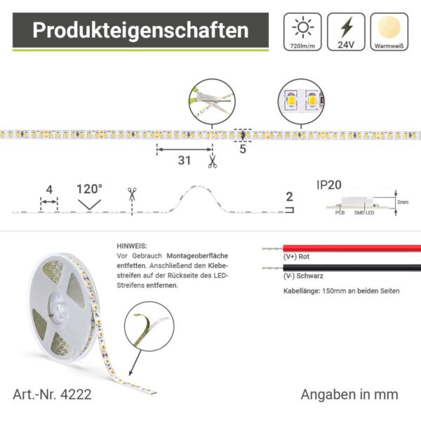 LED Band für indirekte Beleuchtung Warmweiß 2700 Kelvin 24 Volt 5 Meter 8W/m 224LED/m 5mm IP20